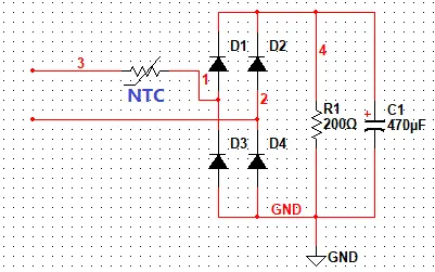 将NTC串联到整流桥前