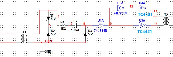 两个用TC4421放大7414的输出，驱动GDT